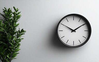Minimalist wall clock, plant backdrop, modern design, simple office aesthetic