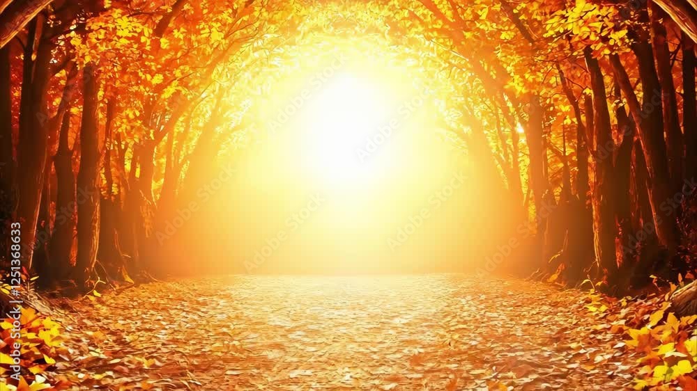 Poster a sunlit path through a forest with vibrant autumn leaves and glowing sunlight filtering through the