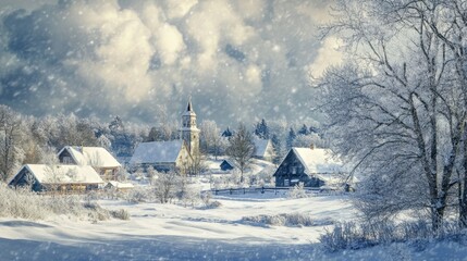 Snowy Winter Village Church Landscape