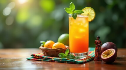 Fototapeta premium Refreshing Burundian passion fruit cocktail served with fresh fruits