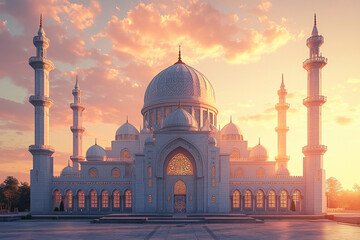 Grand white mosque at sunset