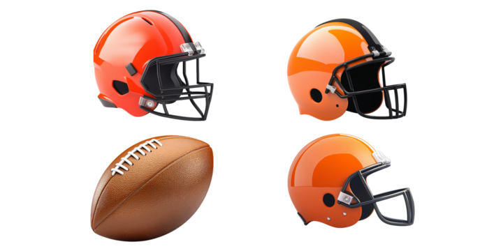 American Football Gear: A dynamic composition showcasing three vibrant orange football helmets and a classic brown football, arranged for impact and visual appeal.