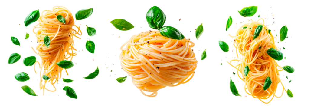 Three variations of spaghetti with fresh basil leaves and black pepper isolated on a transparent background. Pasta arranged creatively with scattered herbs and spices.