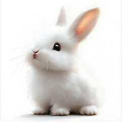 Obraz premium Cute and Adorable White Rabbit with Fluffy Fur and Bright Eyes Sitting on a Soft Surface, Ideal for Children's Themes, Easter Greetings, and Animal Photography