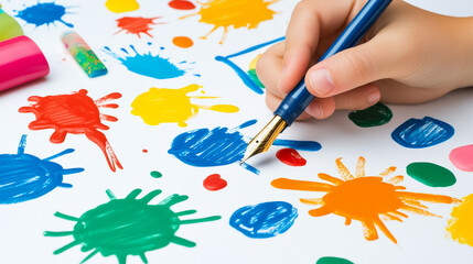 Obraz premium Creative hand painting colorful splashes on paper with brush, showcasing vibrant art supplies and artistic expression