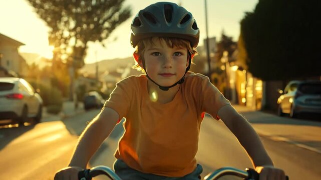 A young boy wearing a helmet rides his bicycle down a suburban street during golden hour. The warm sunlight and soft glow create a nostalgic and joyful atmosphere, capturing the essence of childhood 