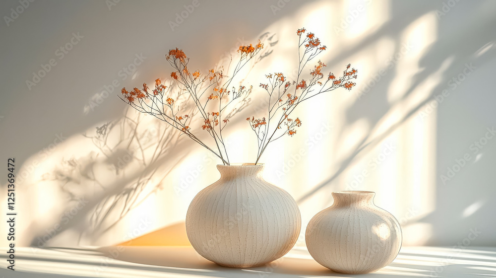 Poster two white vases with flowers in them sit on a table. the vases are placed in such a way that they ca