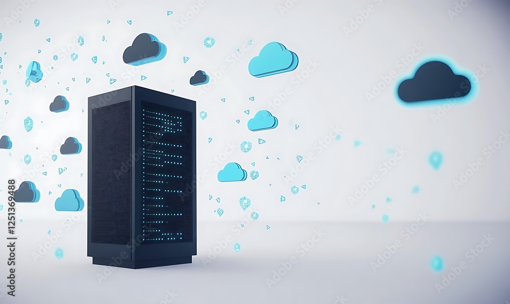 Poster High-tech server rack illuminated by glowing clouds, showcasing modern technology in a digital environment.