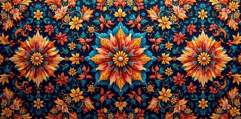 Intricate floral and geometric motifs, classic Malay textile design , green, background, seamless