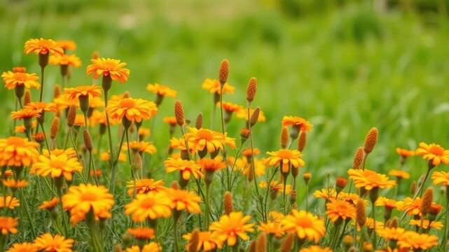 A vibrant orange marigold field with tall, statuesque flowers swaying in the breeze, oranges, garden, bright