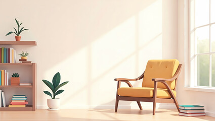 modern living room, A cozy reading nook with a simple wooden chair, a stack of books, and soft window light