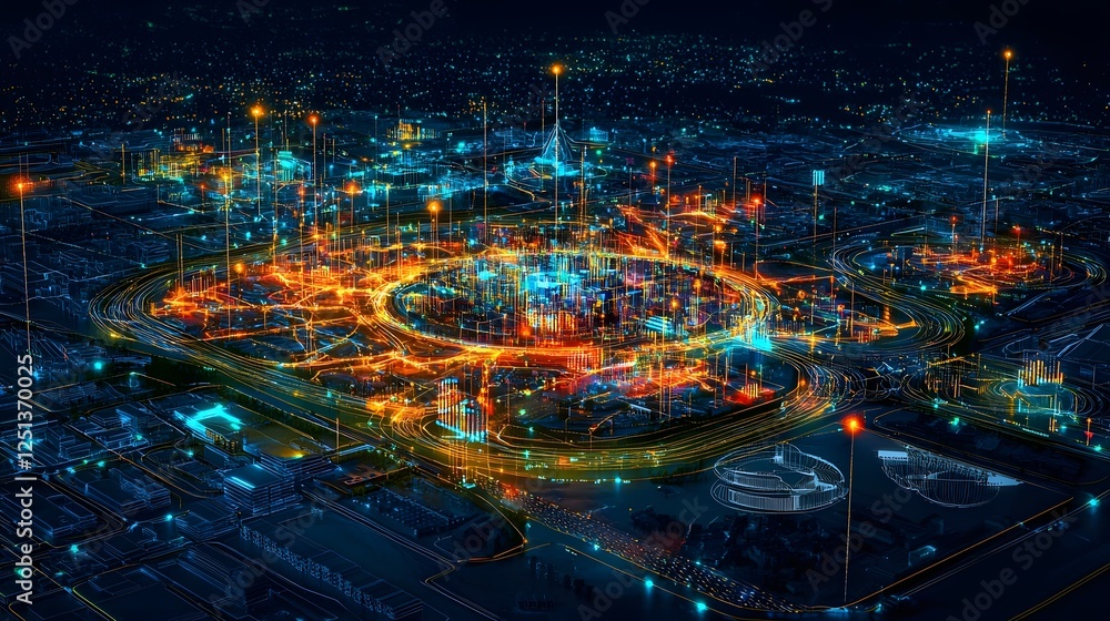 Poster aerial view of a vibrant and futuristic city skyline illuminated by a network of digital data points