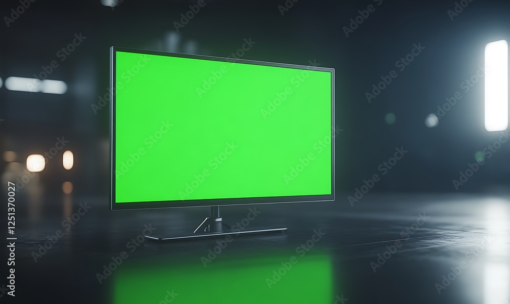 Poster a high-tech ultrawide monitor with a green screen, ideal for gaming or professional environments.