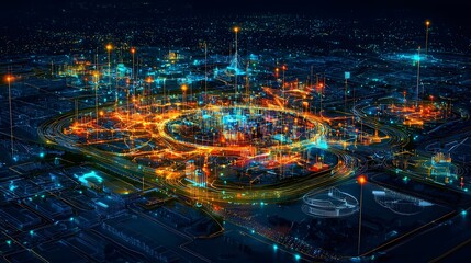 Aerial view of a vibrant and futuristic city skyline illuminated by a network of digital data points and abstract geometric elements