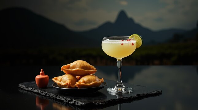 Chilean pisco sour served with traditional empanadas in a picturesque setting