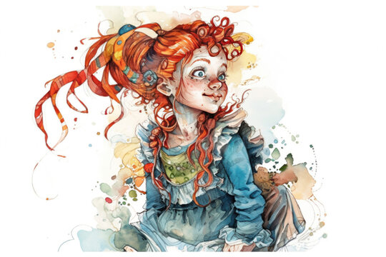 Pippi Longstocking., watercolor style, Generative AI