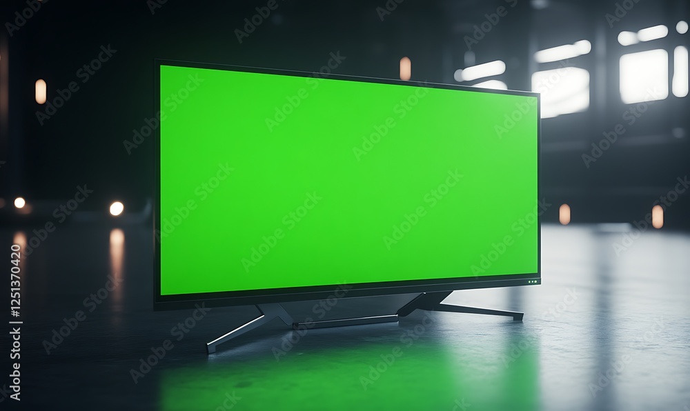 Poster High-tech ultrawide monitor setup with green screen backdrop in a modern environment.