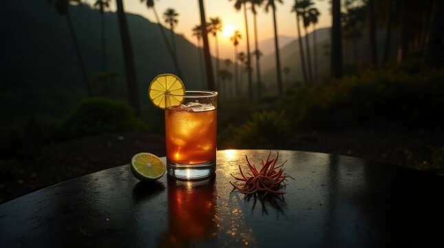 Enjoying traditional Colombian aguardiente at sunset in a lush landscape
