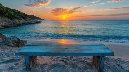 A serene beach scene viewed from a weathered wooden platform as the sun sets below the horizon, highlighting tranquility and natural beauty.