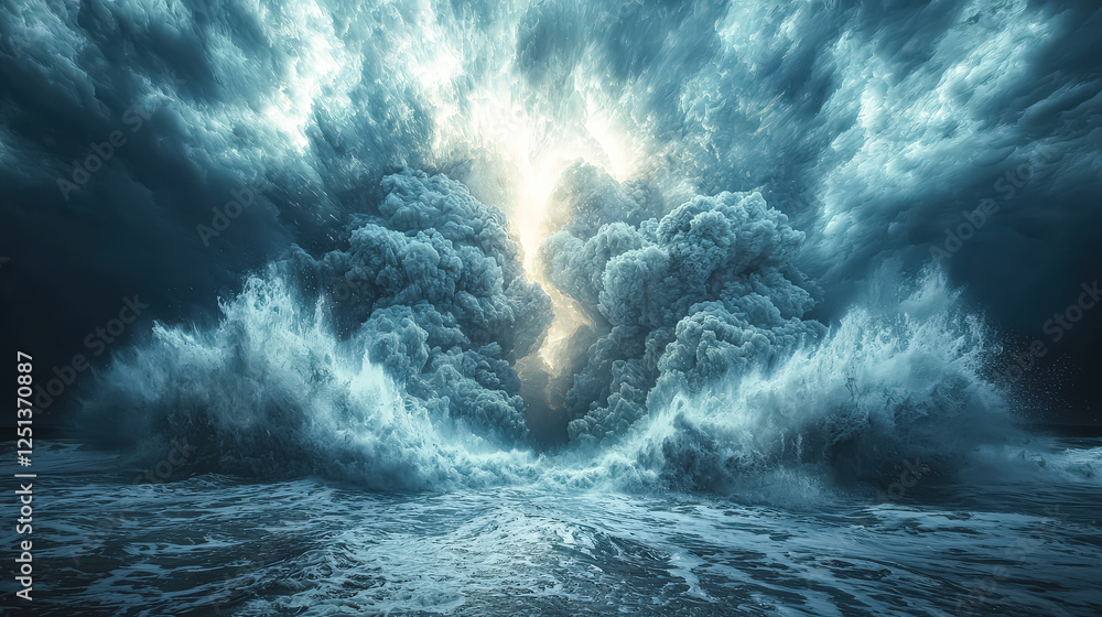 Poster large wave is crashing into the ocean, with a bright light shining through the clouds. scene is inte