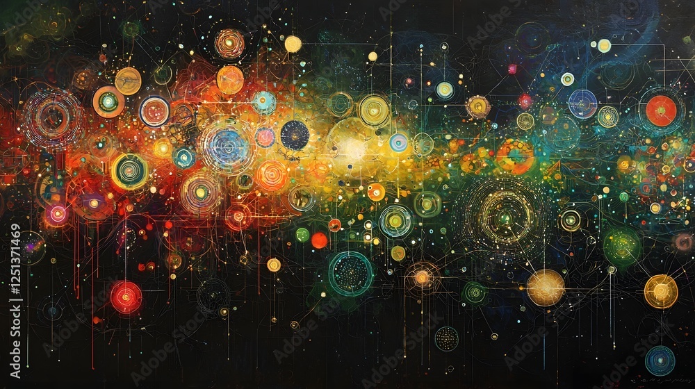Poster visually striking digital abstract art featuring an intricate interconnected network of shapes color