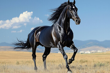 Black horse running in a dry field with mountains and cloudy sky