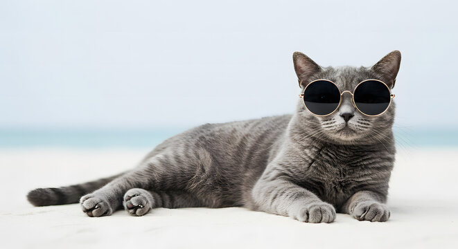 Grey cat wearing sunglasses lies on a white beach.