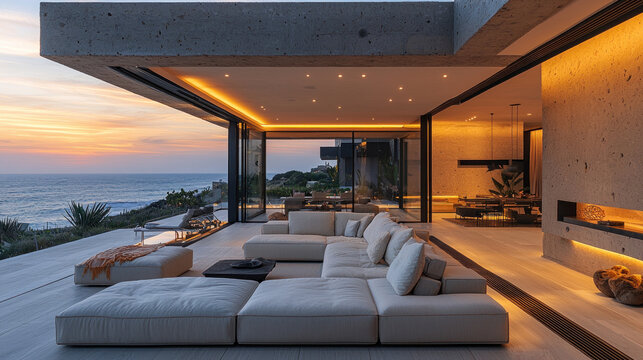 Coastal home patio at sunset with ocean view, ideal for relaxation