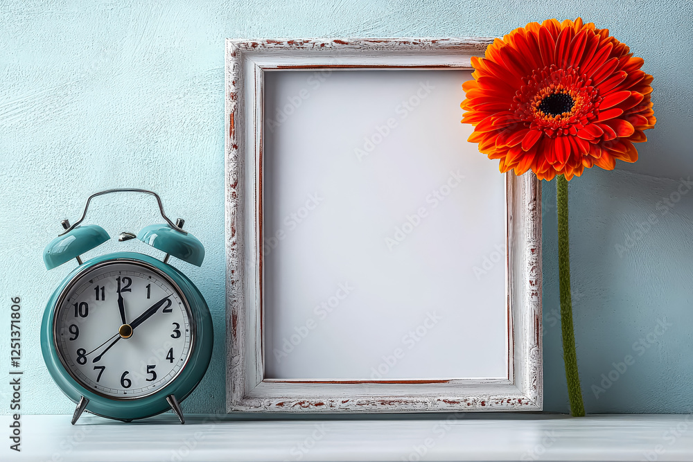 Poster framed clock and a flower are on a table. the clock is set to the time of 10:30