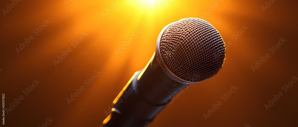 Poster professional microphone capturing sound in studio with warm light and dark background