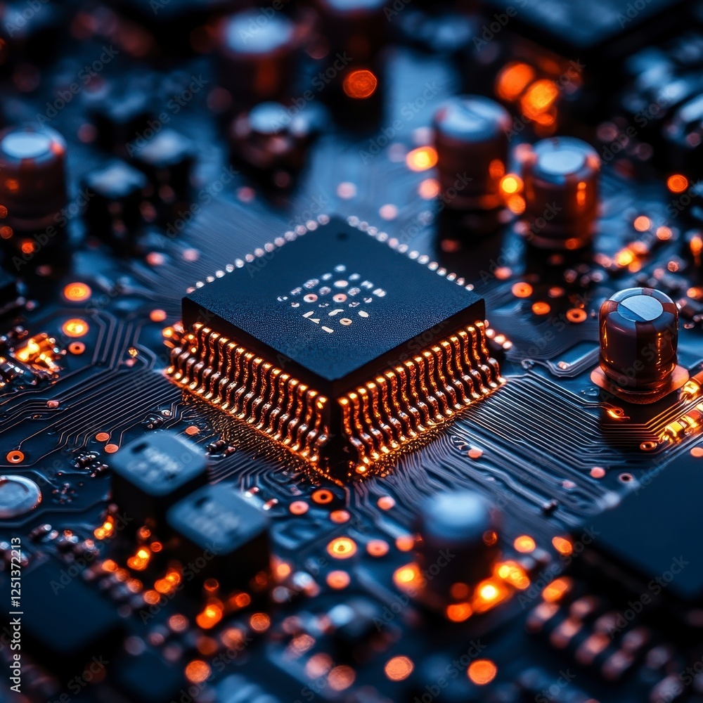 Poster close-up glowing circuit board processor