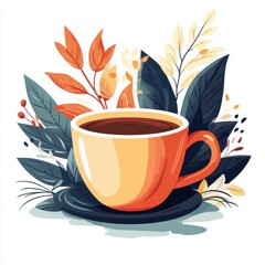 Cozy Autumn Beverage Illustration Featuring a Warm Coffee Cup Surrounded by Colorful Leaves and Foliage Elements Capturing Seasonal Vibes