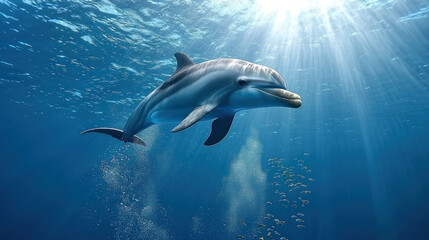Naklejka premium Dolphin swims in sunlit ocean depths, small fish school nearby
