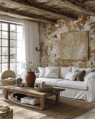 Rustic Living Room Decor With Exposed Beams And White Sofa