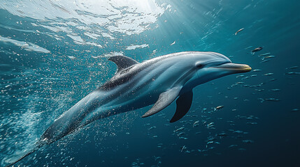 Obraz premium Dolphin swims in sunlit ocean with fish