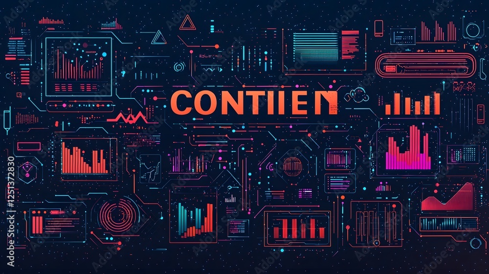 Poster futuristic digital dashboard with bold letters and various analytical data visualization elements li