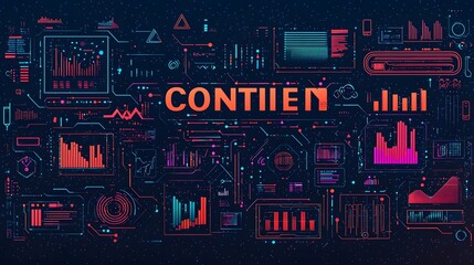 Futuristic digital dashboard with bold letters and various analytical data visualization elements like charts graphs and infographics floating in a dynamic interconnected universe