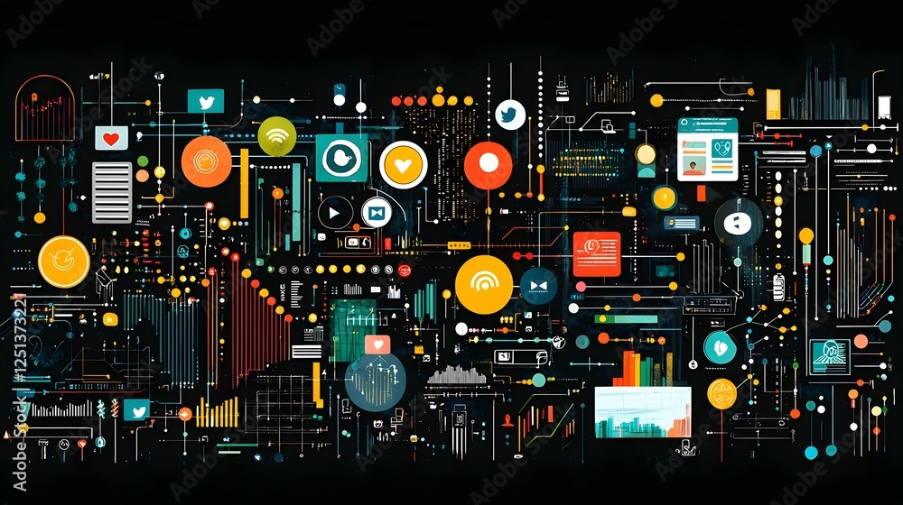 Poster visually striking depicting key digital trends patterns and social media icons that symbolize the te