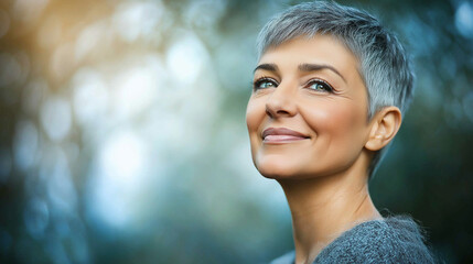 Silver-haired mature woman with a short pixie cut smiling warmly outdoors in natural light with a soft focus