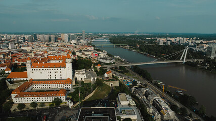 Bratislava old town view castle and city church in city centre. bratislavy skyline aerial view drone footage of bratislava slovakia city.