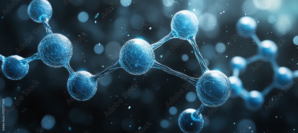 Poster interconnected nodes and lines a network of brilliant blue against a dark bokeh background