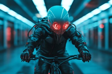 Futuristic cyclist in an urban subway environment rides through neon-lit corridor at night