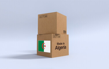 Made in Algeria,Carboard carton boxes with Algerian flag 3D Render