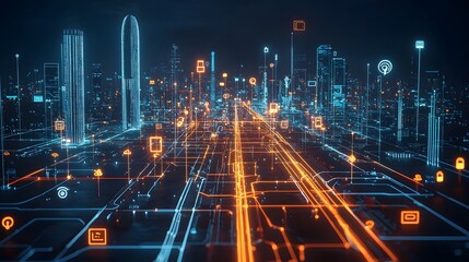 Dynamic visual of a futuristic city skyline at night showcasing a network of connected devices infrastructure and innovation symbols illuminating the urban landscape