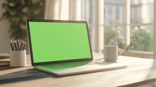 A laptop with a green screen mockup displayed on a stylish background.