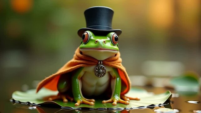 Cute wizard frog on a lily pad wearing an orange cape and black top hat, the cape is waving in the wind