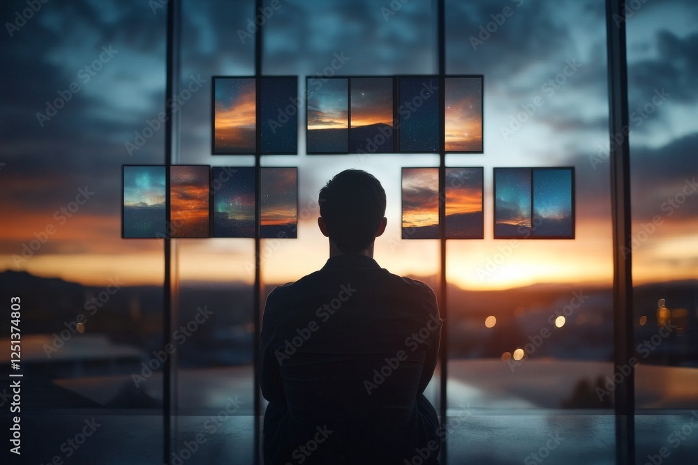 Aufkleber man contemplates dusk view through window surrounded by art panels in a modern setting at sunset