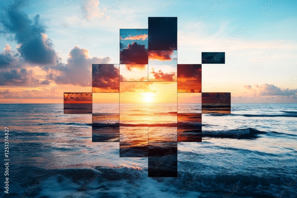 Poster stunning sunset view over the ocean with fragmented reflections creating an artistic effect