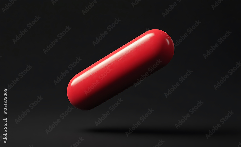 Poster rounded red capsule floating against dark background, showcasing its smooth surface and vibrant colo