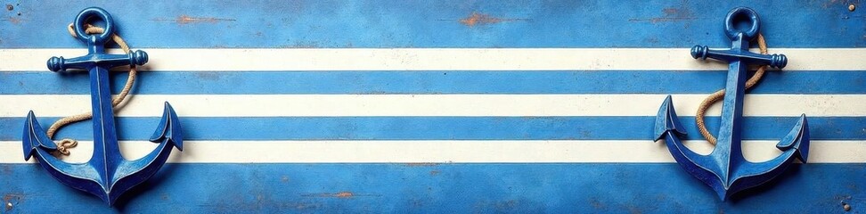Striped nautical banner with anchor & compass, blue & white design, stripe, adventure, ocean